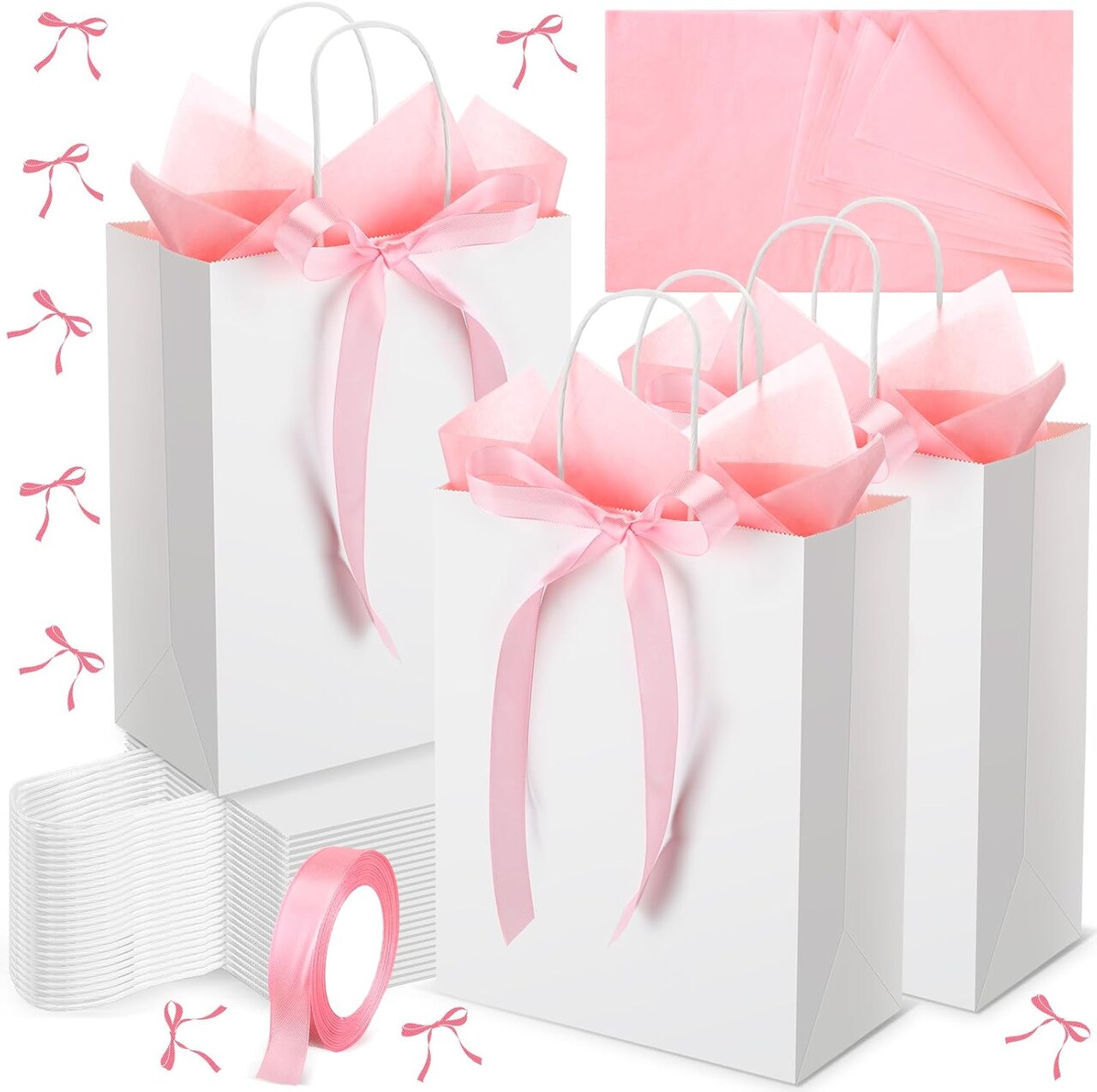 24 Pack Large Coquette Bow Gift Bags with Handles Kraft Paper Bow Party Favors Bags with Ribbon Tissue Paper for Birthday Baby Shower Wedding Party Supplies, 10.5 x 8 x 4.25 Inch (Pink)